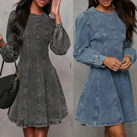 Damen Jeanskleid mit hohem Kragen und Puffärmel Heidi-Mode