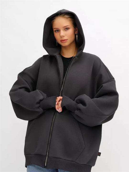Damen lässiger Oversized Zip-Hoodie mit tiefen Taschen Heidi-Mode