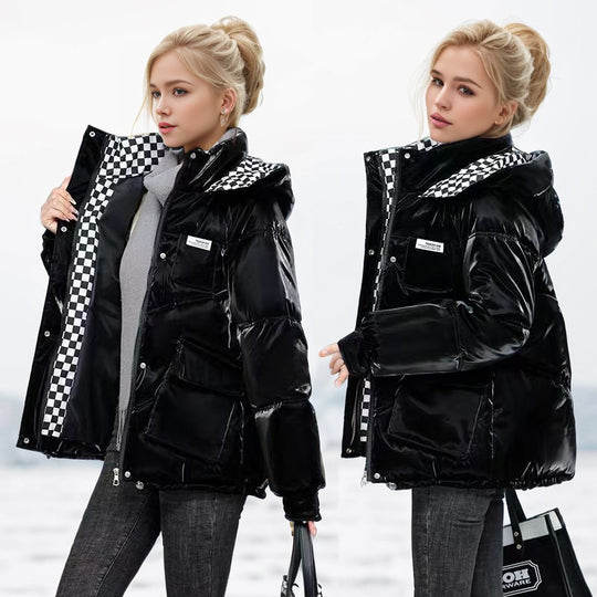 Damen modische glänzende Steppjacke mit hochschließendem Kragen und praktischen Taschen Heidi-Mode