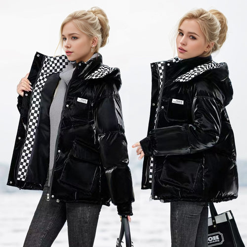 Damen modische glänzende Steppjacke mit hochschließendem Kragen und praktischen Taschen Heidi-Mode