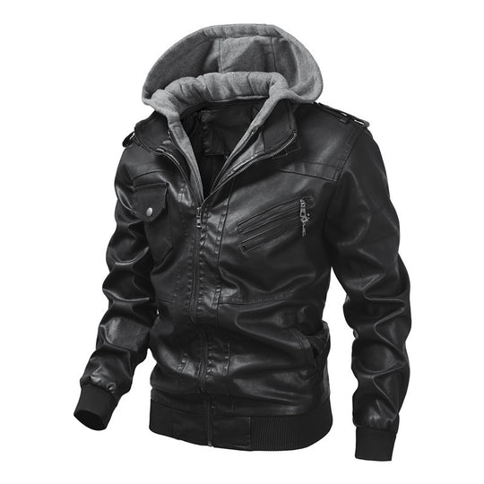 Herren Kunstlederjacke mit abnehmbarer Kapuze und Multifunktions-Taschen Heidi-Mode