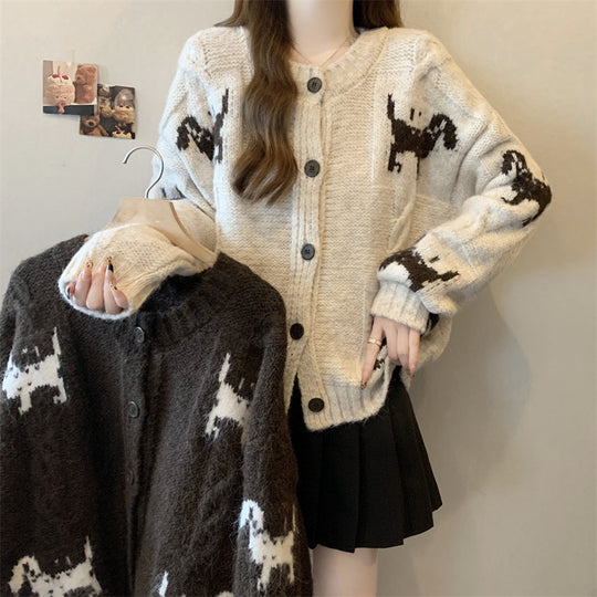 Damen Gemusterter Strickcardigan mit tierischem Motiv und bequemen Oversized-Schnitten Heidi-Mode