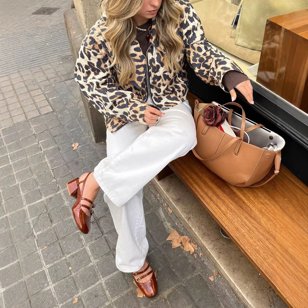 Damen Cropped Jacke im Leopardenmuster mit Druckknöpfen Heidi-Mode