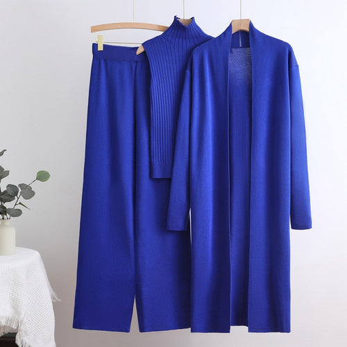 Damen gemütliches Strick-Loungewear-Set mit langem Cardigan und Rippenshirts Heidi-Mode