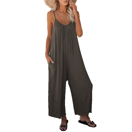 Damen Lässiger Sommer-Jumpsuit mit tiefem Ausschnitt und praktischen Taschen Heidi-Mode