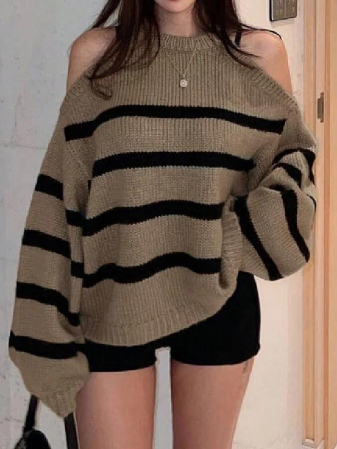 Damen Off-Shoulder Strickpullover mit breiten Streifen Heidi-Mode