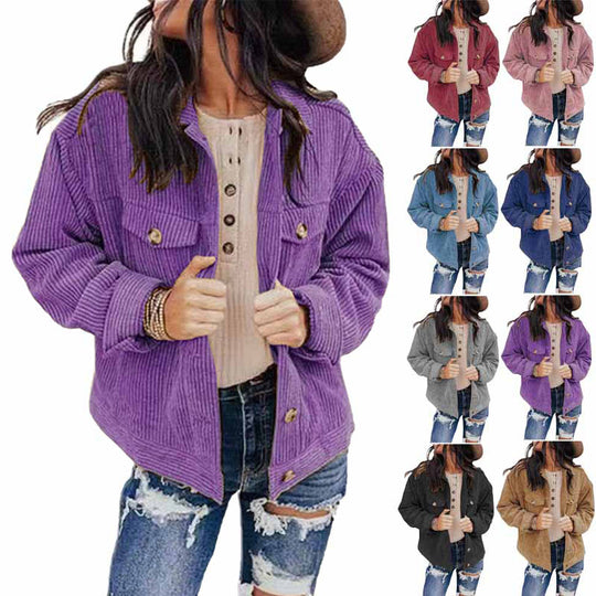 Damen lässige Kordjacke im Oversized-Schnitt mit Knopfdetails Heidi-Mode