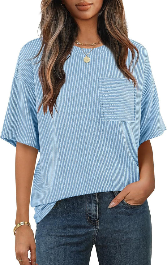 Damen lässiges gestreiftes T-Shirt mit Brusttasche Heidi-Mode