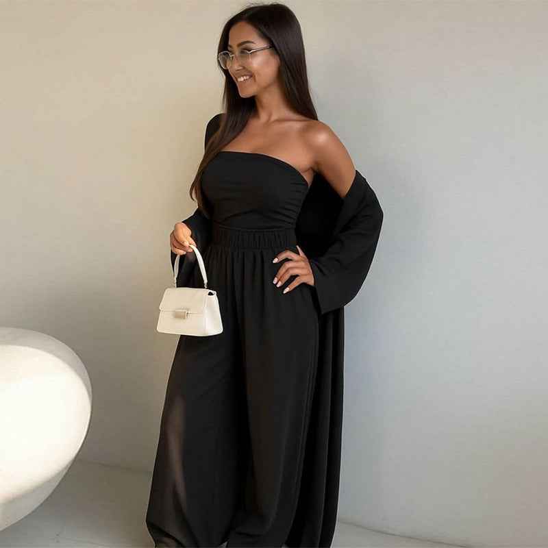 Damen elegantes 3-teiliges Set mit weitem Hosen und tailliertem Oberteil Heidi-Mode