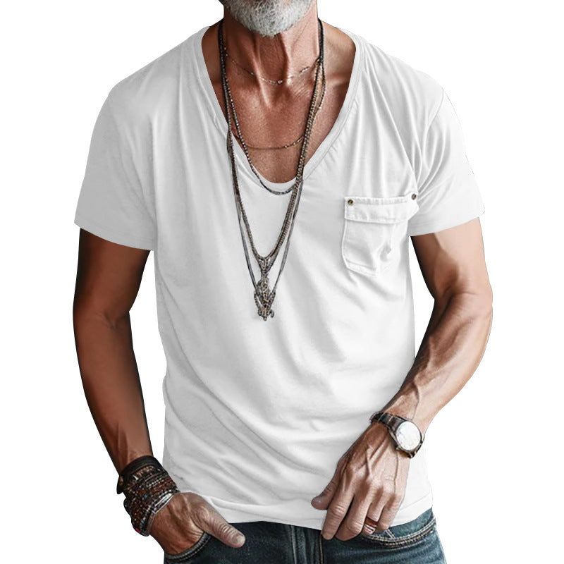 Herren hochwertiges V-Ausschnitt T-Shirt mit praktischer Brusttasche Heidi-Mode