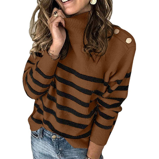 Damen Hochgeschlossen Pullover mit Streifenmuster und dekorativen Knöpfen Heidi-Mode