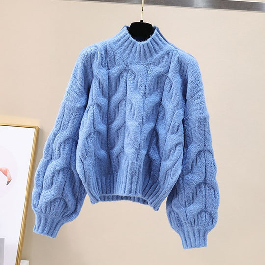 Damen kuscheliger Strickpullover mit voluminösen Ärmeln und Zopfmuster Heidi-Mode