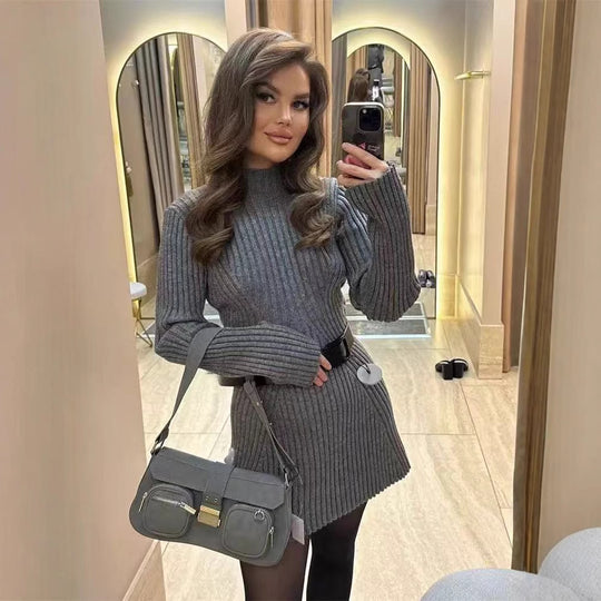 Damen Strickkleid mit moderner Rippstruktur und stylischem Schnitt Heidi-Mode