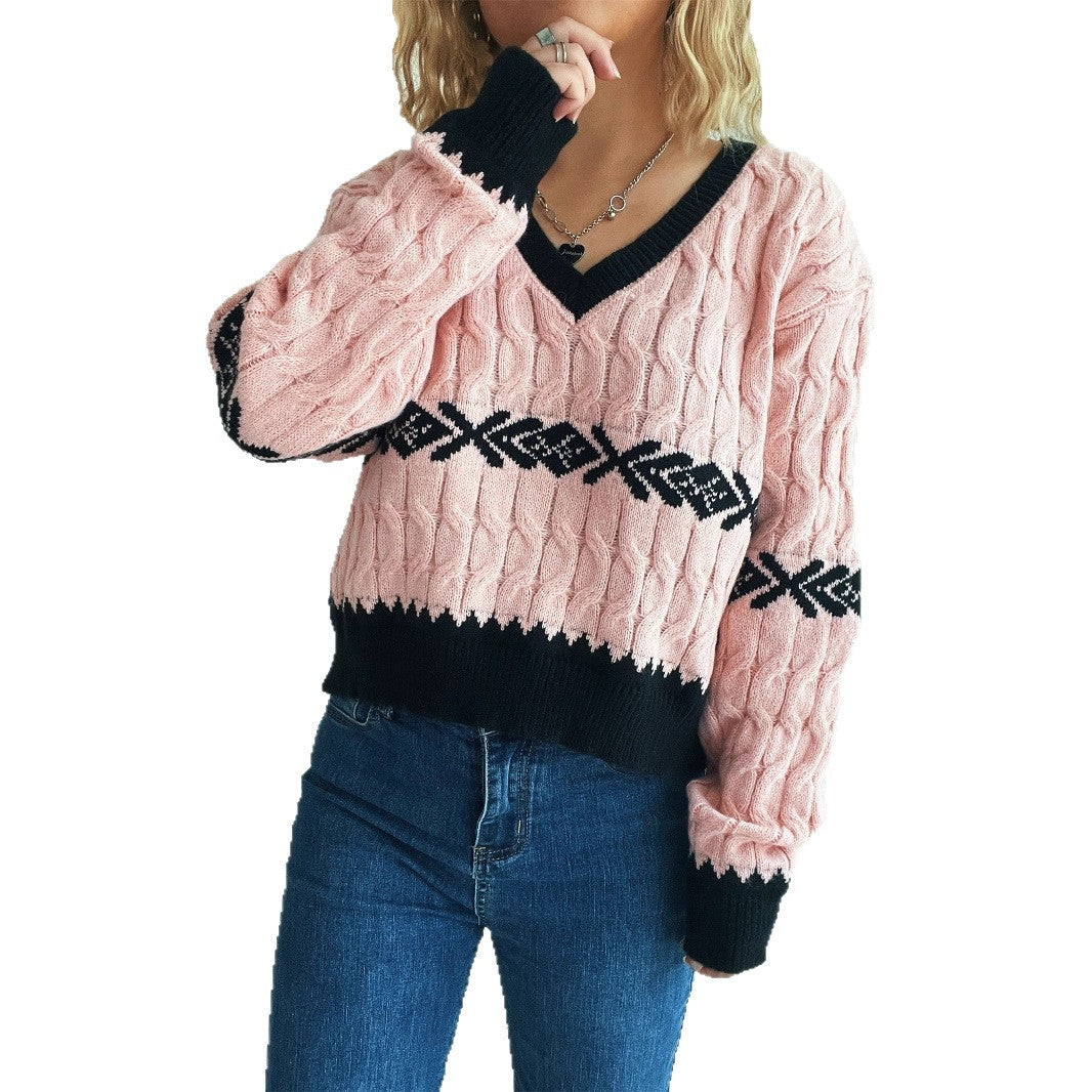 Damen lässiger Strickpullover mit modernem Zopfmuster und kontrastierenden Akzenten Heidi-Mode