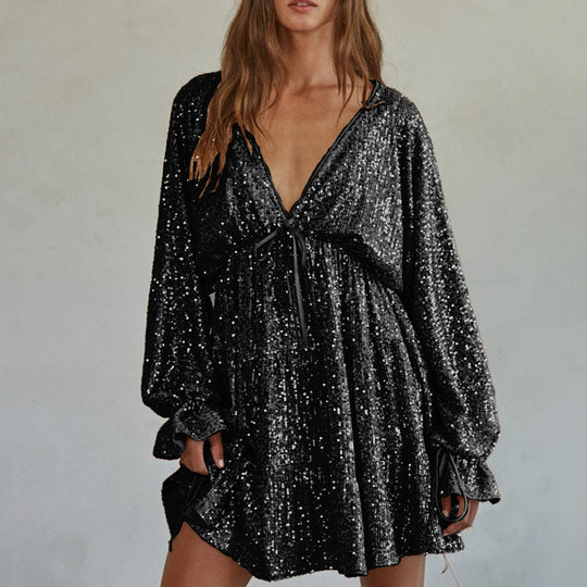Damen Funkelndes Festkleid mit V-Ausschnitt und Rüschendetails Heidi-Mode