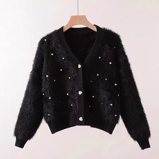 Damen Flauschiger Kurz-Cardigan mit dezenten Knopfdetails Heidi-Mode