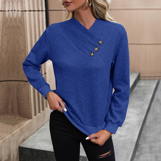 Damen eleganter Pullover mit asymmetrischem Ausschnitt und Knopfdetails Heidi-Mode