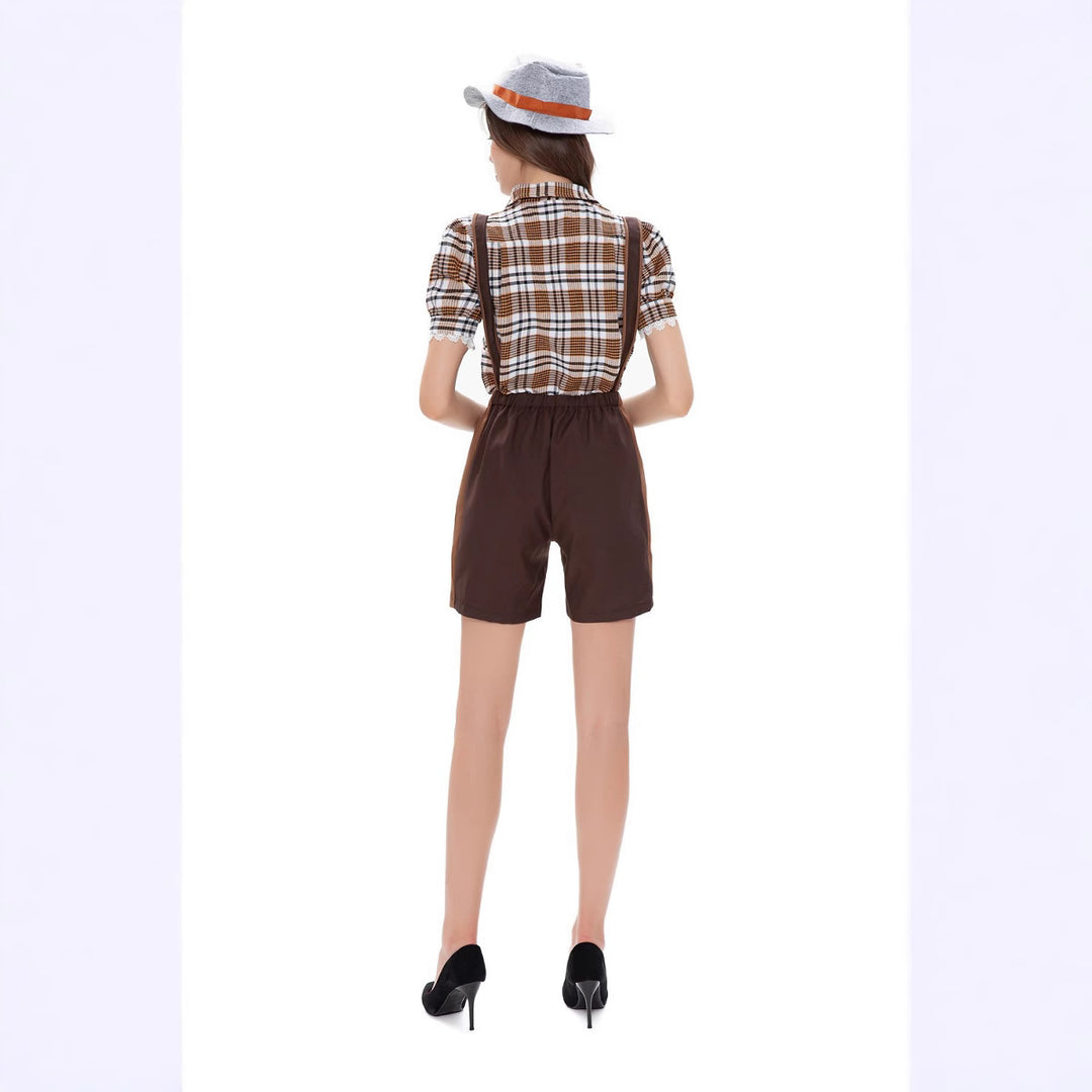 Damen Trachten-Latzhose mit kariertem Oberteil und dekorativer Stickerei Heidi