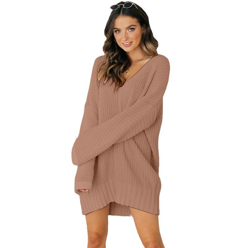 Damen Grobstrick Pulloverkleid mit V-Ausschnitt und lässigem Schnitt Heidi-Mode