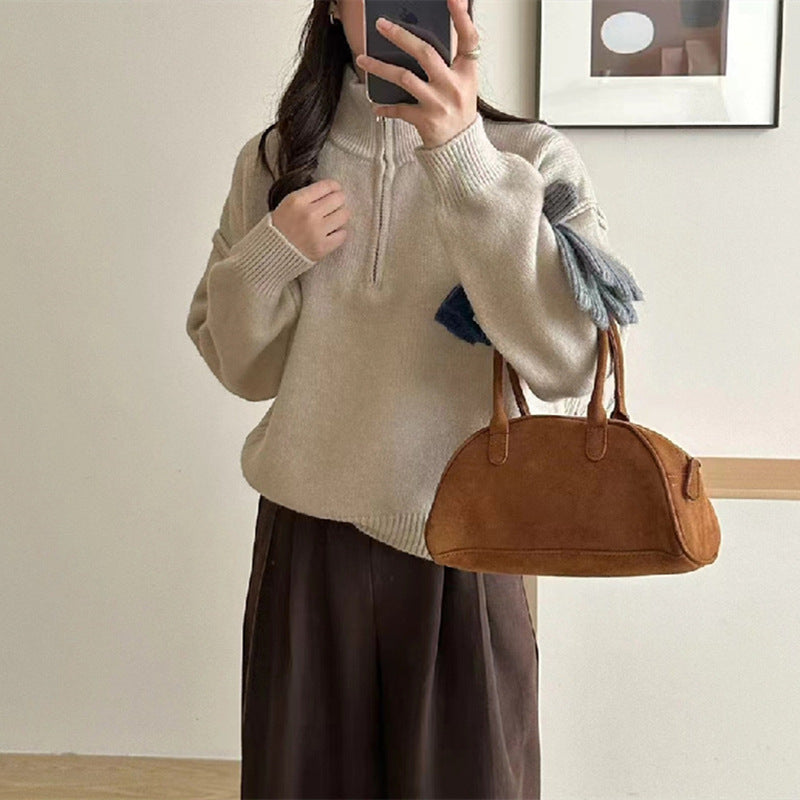 Damen lässiger Pullover mit kurzem Reißverschluss und entspannter Passform Heidi-Mode