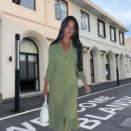 Damen Strickmaxikleid mit Knopfleiste und modischem V-Ausschnitt Heidi-Mode