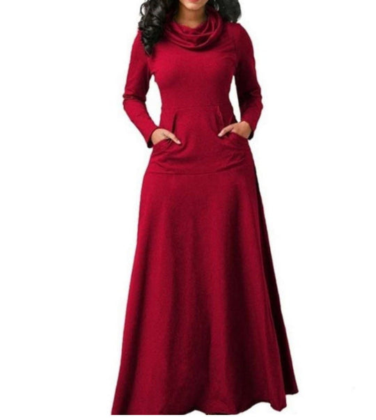 Heidi-Mode | Spliced Solid Pocket Kragen Lang Kleid