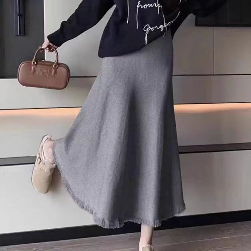 Damen Maxirock aus weichem, strukturiertem Strickstoff mit fransigem Saum Heidi-Mode