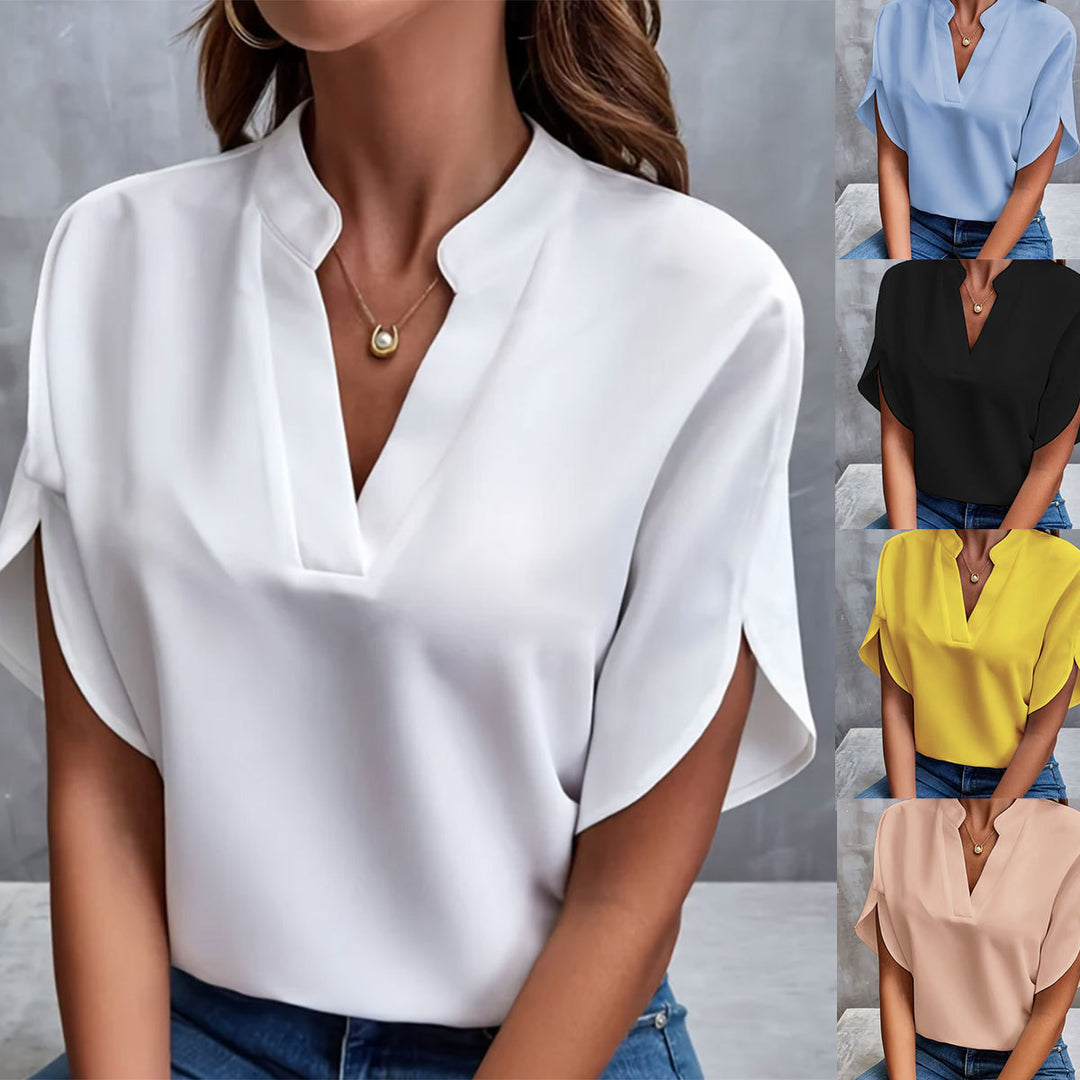 Damen elegantes Oberteil mit modernen Seitenschlitzen und V-Ausschnitt Heidi-Mode