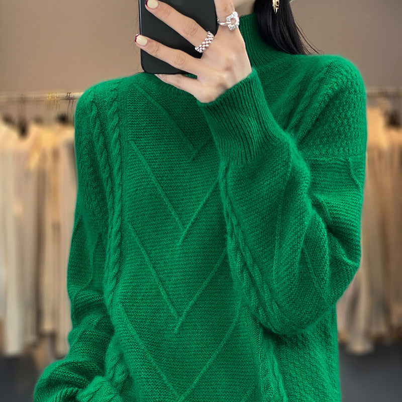 Damen Grobstrickpullover mit innovativem Zopfmuster und hohem Stehkragen Heidi-Mode