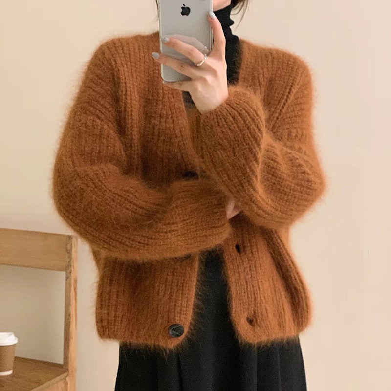 Damen Kuscheliger Strickcardigan mit großen Knöpfen Heidi-Mode