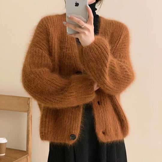 Damen Kuscheliger Strickcardigan mit großen Knöpfen Heidi-Mode