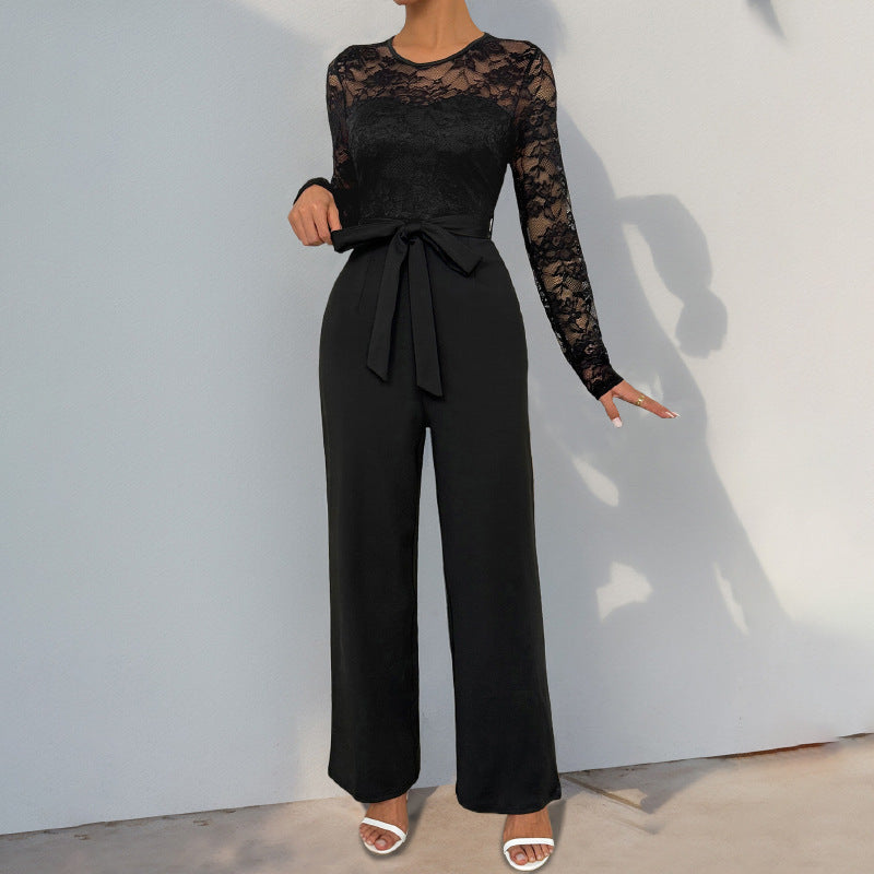 Damen Eleganter Jumpsuit mit Spitzenoberteil und tailliertem Bund Heidi-Mode