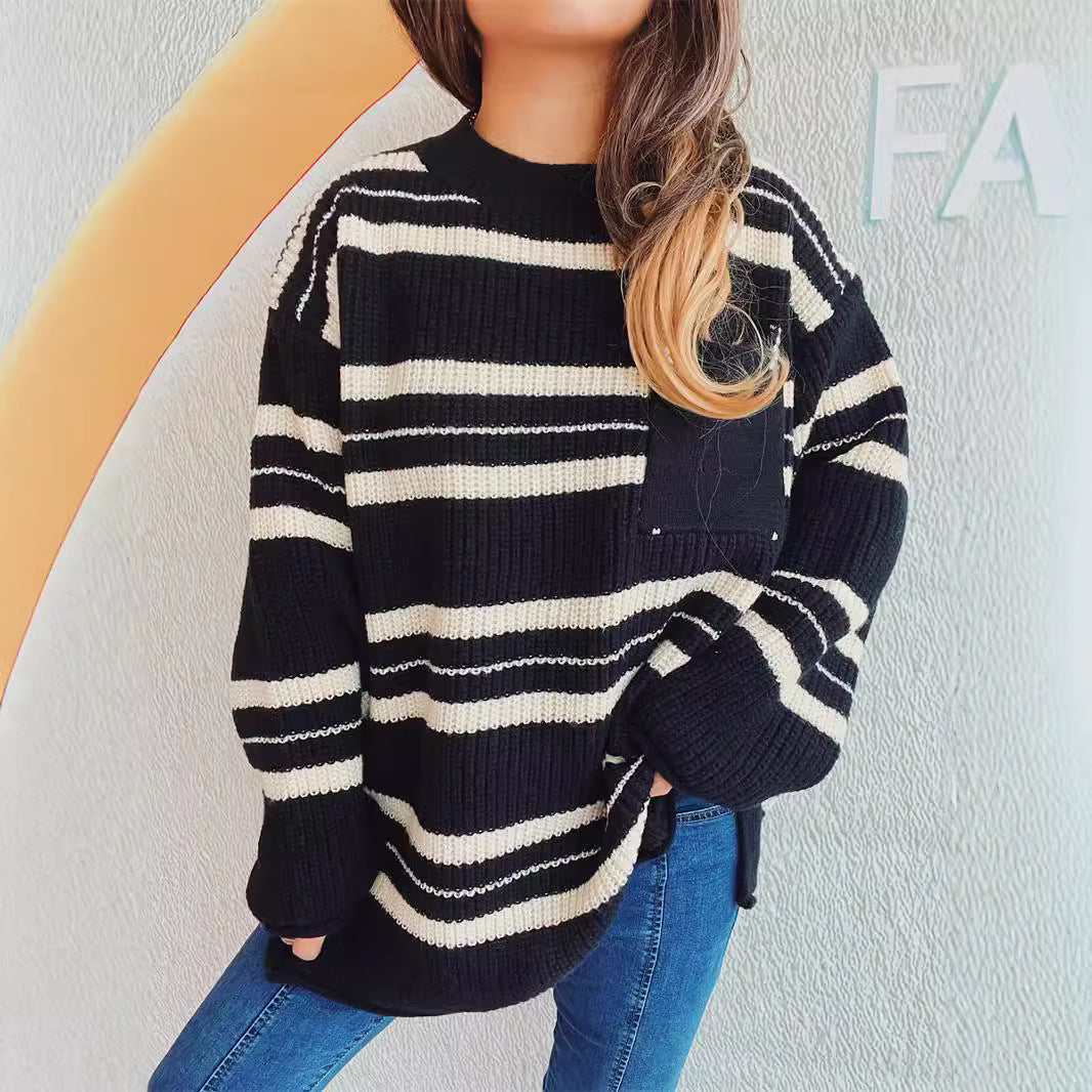 Damen lässiger Strickpullover mit modernem Streifenmuster Heidi-Mode
