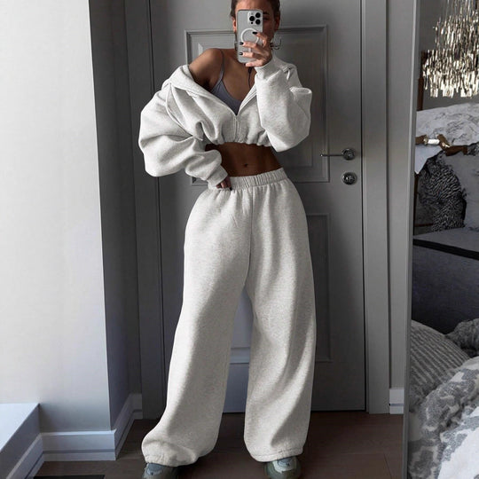 Damen lässiges Sweat-Set mit oversized Kapuzenjacke und weitem Bund Heidi-Mode