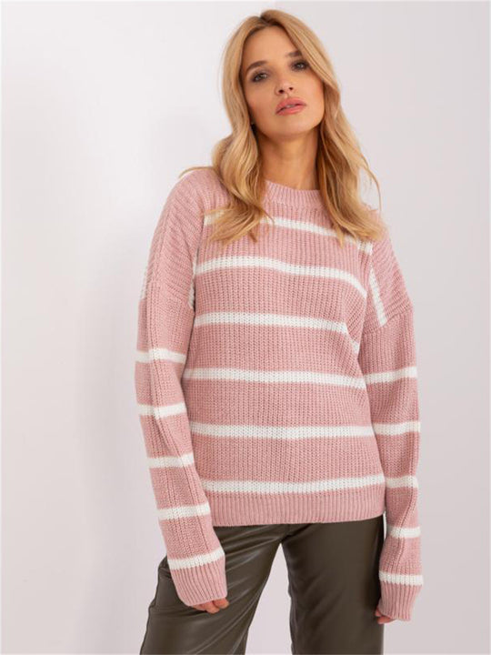 Damen lässiger Strickpullover mit modernem Streifenmuster und weitem Schnitt Heidi-Mode