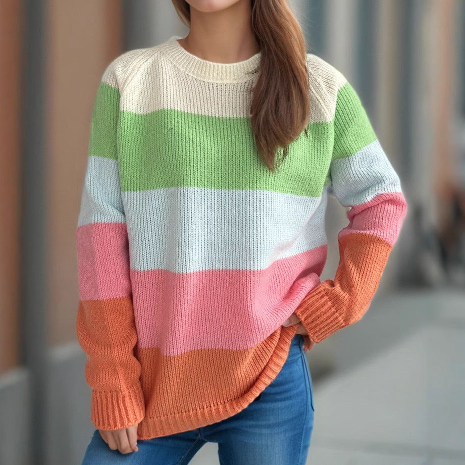 Damen lässiger Strickpullover mit bunten Blockstreifen und weitem Schnitt Heidi-Mode