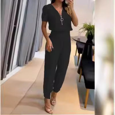 Damen Jumpsuit mit V-Ausschnitt und Gummizug Heidi-Mode