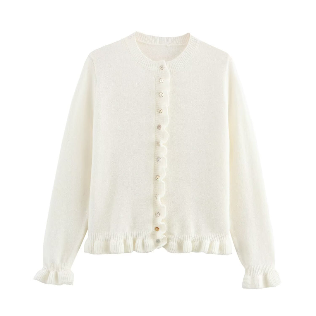 Damen Strickjacke mit dekorativem Rüschensaum und Knopfverschluss Heidi-Mode