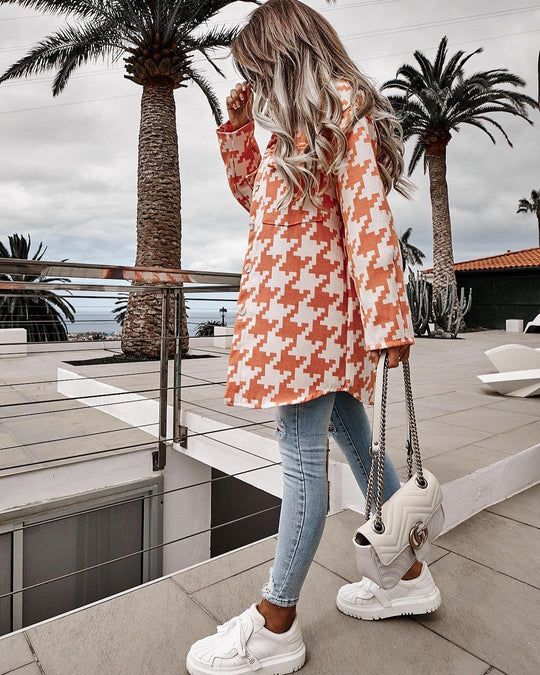 Damen modischer Oversized Hemdenjacke im Hahnentritt-Muster Heidi-Mode