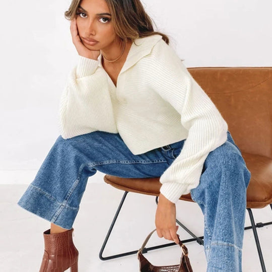 Damen oversized Strickpullover mit V-Ausschnitt und weitem Schnitt Heidi-Mode