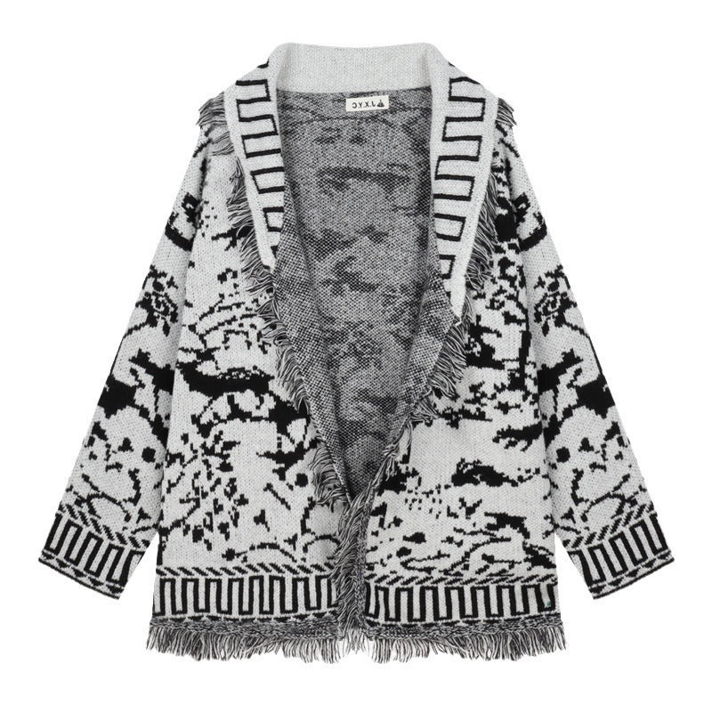 Damen Fransen-Strickjacke mit grafischem Muster und offenen Vorderteilen Heidi-Mode