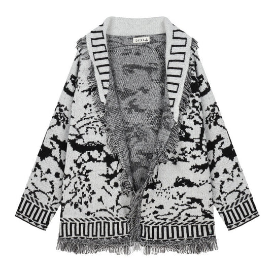 Damen Fransen-Strickjacke mit grafischem Muster und offenen Vorderteilen Heidi-Mode