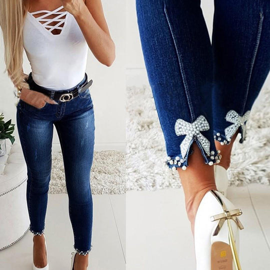 Damen Skinny Jeans mit Perlen- und Schleifendetails Heidi-Mode