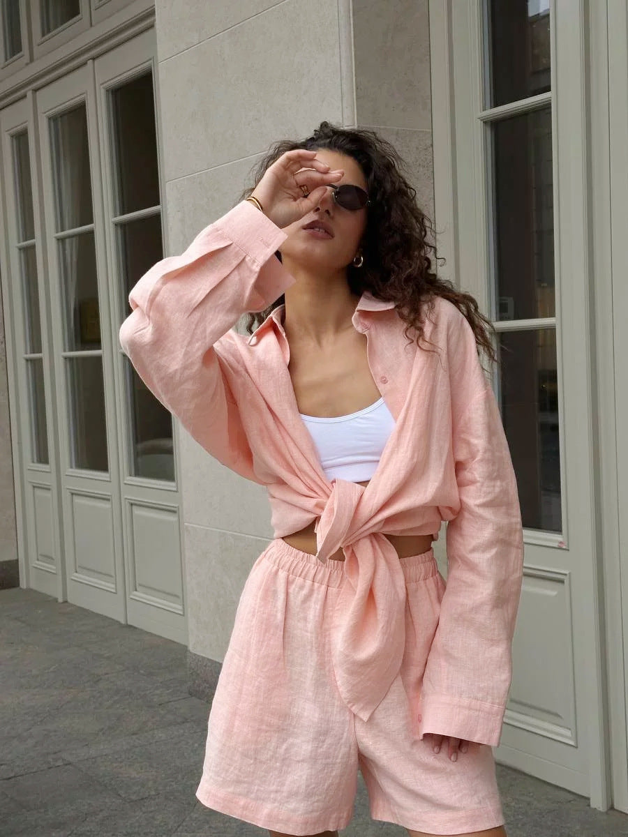 Damen lässiges Leinen Set mit lockerer Bluse und Shorts Heidi-Mode
