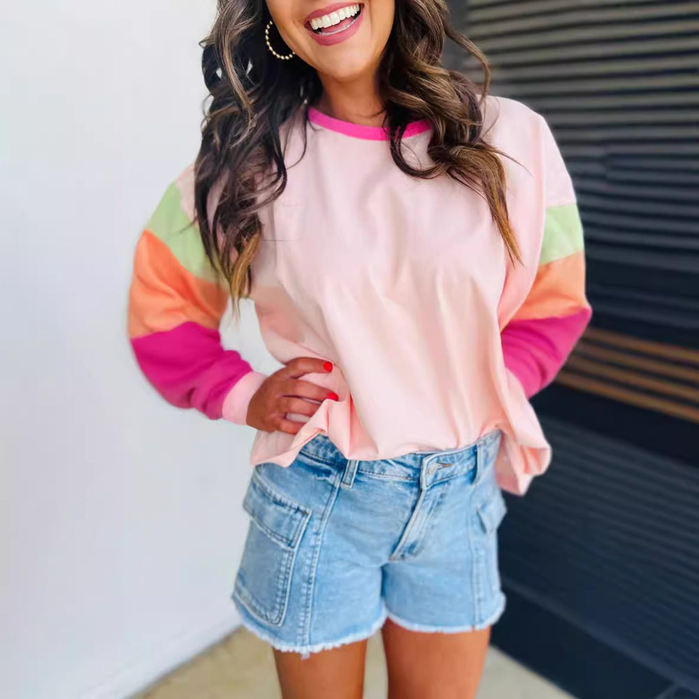 Damen lässiger Sweatshirt mit kontrastierenden Ärmeln Heidi-Mode