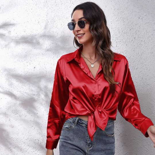 Damen Satin Bluse mit Knotenverschluss Heidi-Mode