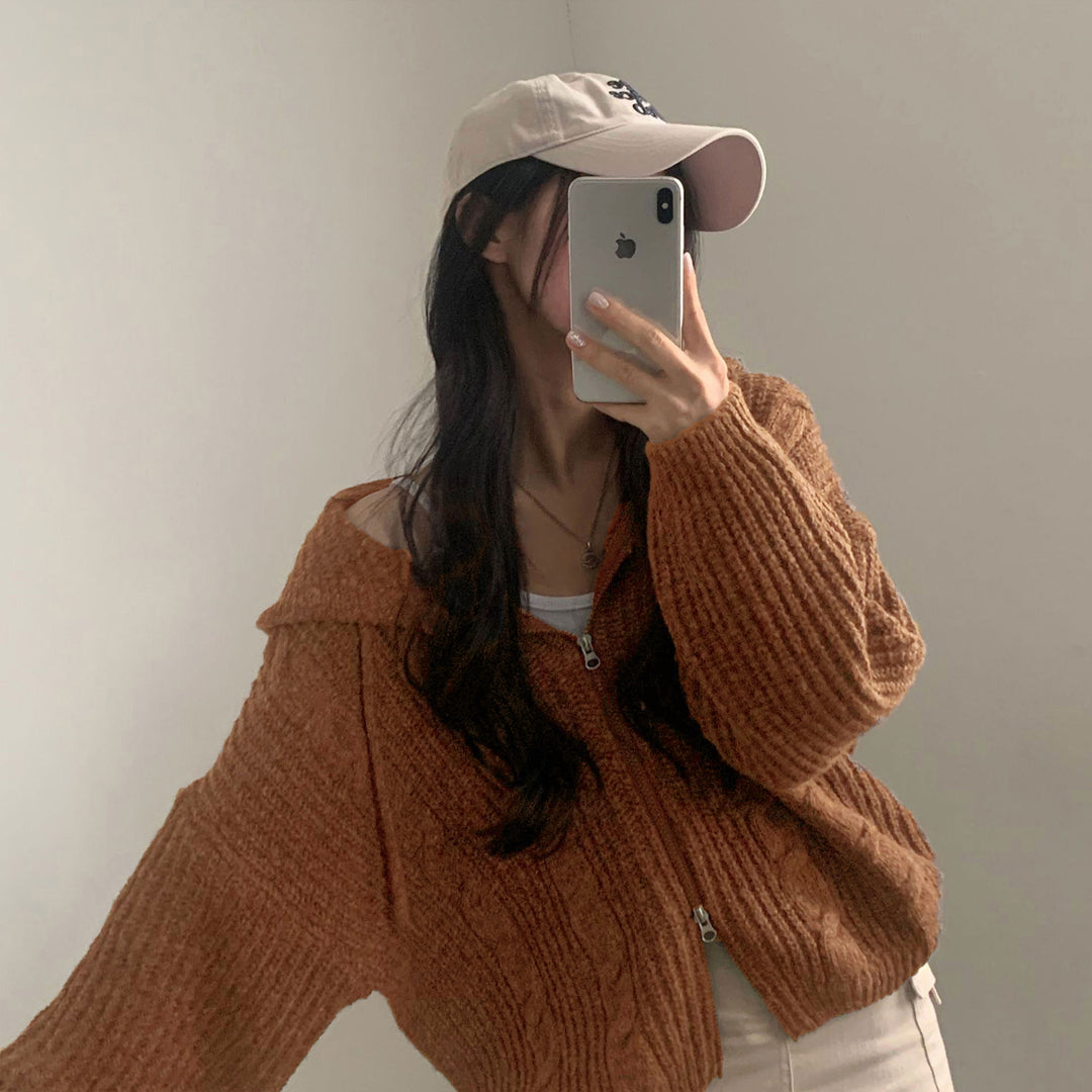 Damen Bequemer Strickjacke mit Kapuze und Reißverschluss Heidi-Mode