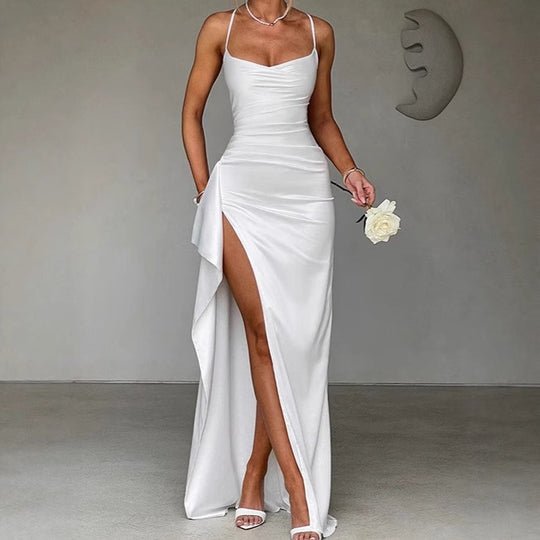 Damen Elegantes Maxikleid mit seitlichem Schlitz und raffinierten Spaghetti-Trägern Heidi-Mode