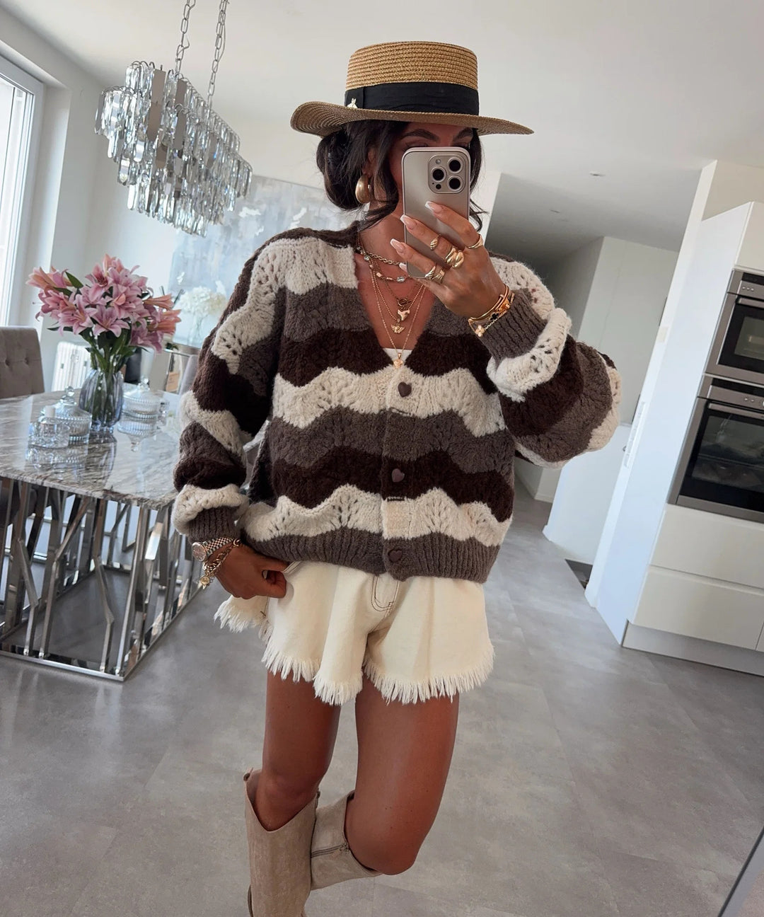 Damen gemütlicher Strickcardigan mit Wellenmuster Heidi-Mode