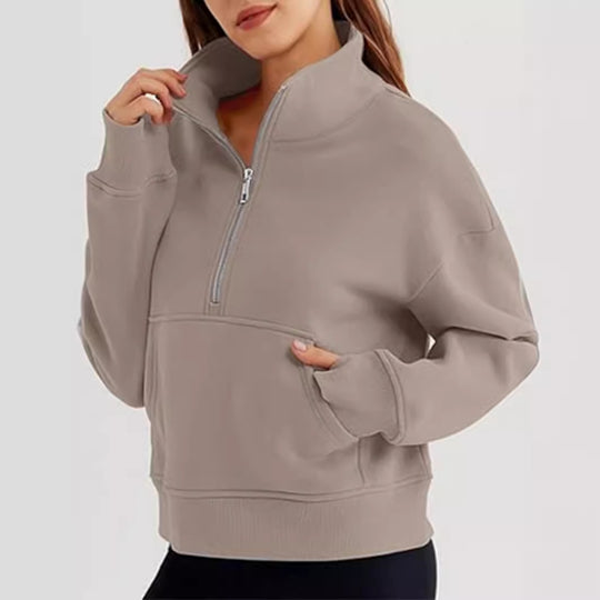 Damen lässiger Pullover mit hohem Kragen und kurzer Reißverschluss Heidi-Mode